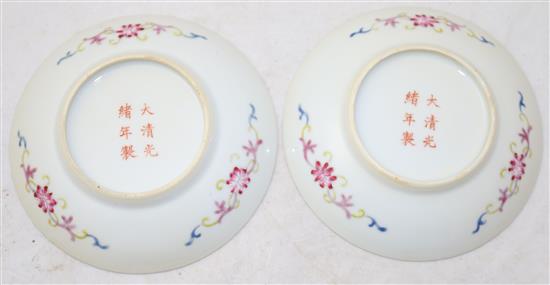 A pair of Chinese shou medallion famille rose saucer dishes, Guangxu six character marks and probably of the period (1875-1908), 12.7
